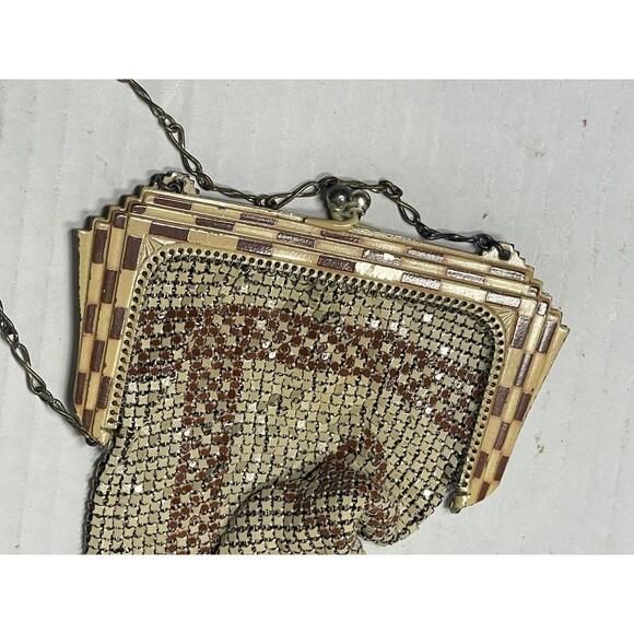Antique 1920s Whiting and Davis Art Deco Enamel Mesh Purse Flapper Bag Tan Cream - Picture 4 of 7